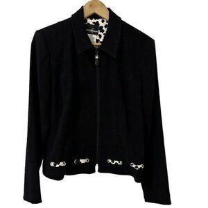 Vintage 80s Mob Wife Black Animal Print Contrast Trim Jacket Blazer Zip Sz 10